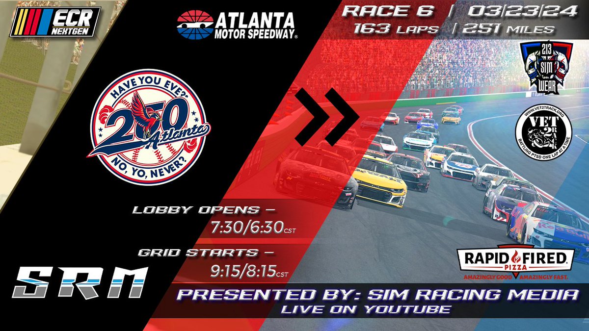 Raceday! with the conclusion of our west coast swing we head back east to the high banks of <a href="/ATLMotorSpdwy/">EchoParkSpeedway</a> for the Have you Ever, No Yo Never 250

Tune in tonight at 9:10 pm et as <a href="/SimRacingMedia1/">Sim Racing Media</a> calls all the action live on <a href="/YouTube/">YouTube</a> 

youtube.com/live/jRlXg6cy4…