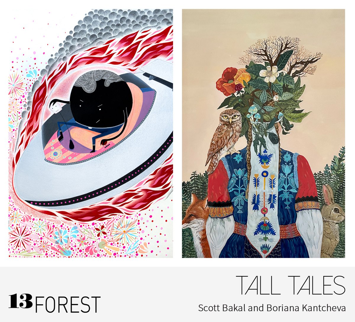 Race down from 4-6 pm for the opening of Tall Tales, new work from Scott Bakal and Boriana Kantcheva. We'll also be open tomorrow Sun 3/24, 12-5. (Bakal, Hot Rod, acrylic, ink, graphite and automotive paint on panel, Kantcheva, Summer Solstice (Samodiva), gouache on paper)