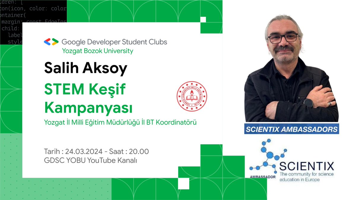 Salih AKSOY (@salihaksoy) on Twitter photo Yozgat İl Milli Eğitim Müdürlüğü ve Bozok Üniversitesi Google Geliştirici Öğrenci Kulubü ortaklığında STEM, STEM Keşif Haftası, Scientix konularını konuşacağız. Etkinliğimize sizler de davetlisiniz! Yayın Linki : youtube.com/watch?v=Q55bKx… <a href="/mebyegitek/">Yenilik ve Eğitim Teknolojileri Genel Müdürlüğü</a> @ScientixTurkey <a href="/yozgatilmem/">Yozgat Milli Eğitim Müdürlüğü</a> Yozgat İl Milli Eğitim Müdürlüğü ve Bozok Üniversitesi Google Geliştirici Öğrenci Kulubü ortaklığında STEM, STEM Keşif Haftası, Scientix konularını konuşacağız. Etkinliğimize sizler de davetlisiniz! Yayın Linki : youtube.com/watch?v=Q55bKx… <a href="/mebyegitek/">Yenilik ve Eğitim Teknolojileri Genel Müdürlüğü</a> @ScientixTurkey <a href="/yozgatilmem/">Yozgat Milli Eğitim Müdürlüğü</a>