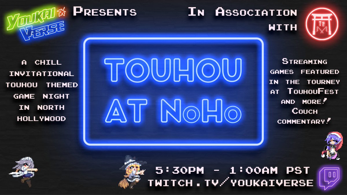 Surprise! Introducing Touhou At NoHo! A YV hosted chill local invitational in North Hollywood! Stop by our stream tonight at 5:30PM PST. We'll be playing a rotation of Touhou multiplayer games throughout the evening! I hear a Touhou youtuber is coming 👀 twitch.tv/youkaiverse