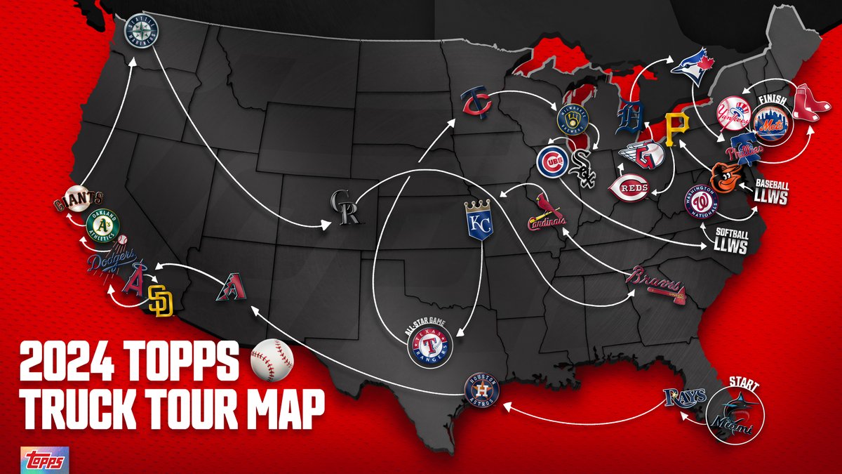 Topps's tweet image. The Topps Truck Tour is back for the 2024 season‼️

We're hitting every MLB stadium! Stay tuned for updates on when the truck will be at YOUR ballpark 🏟️