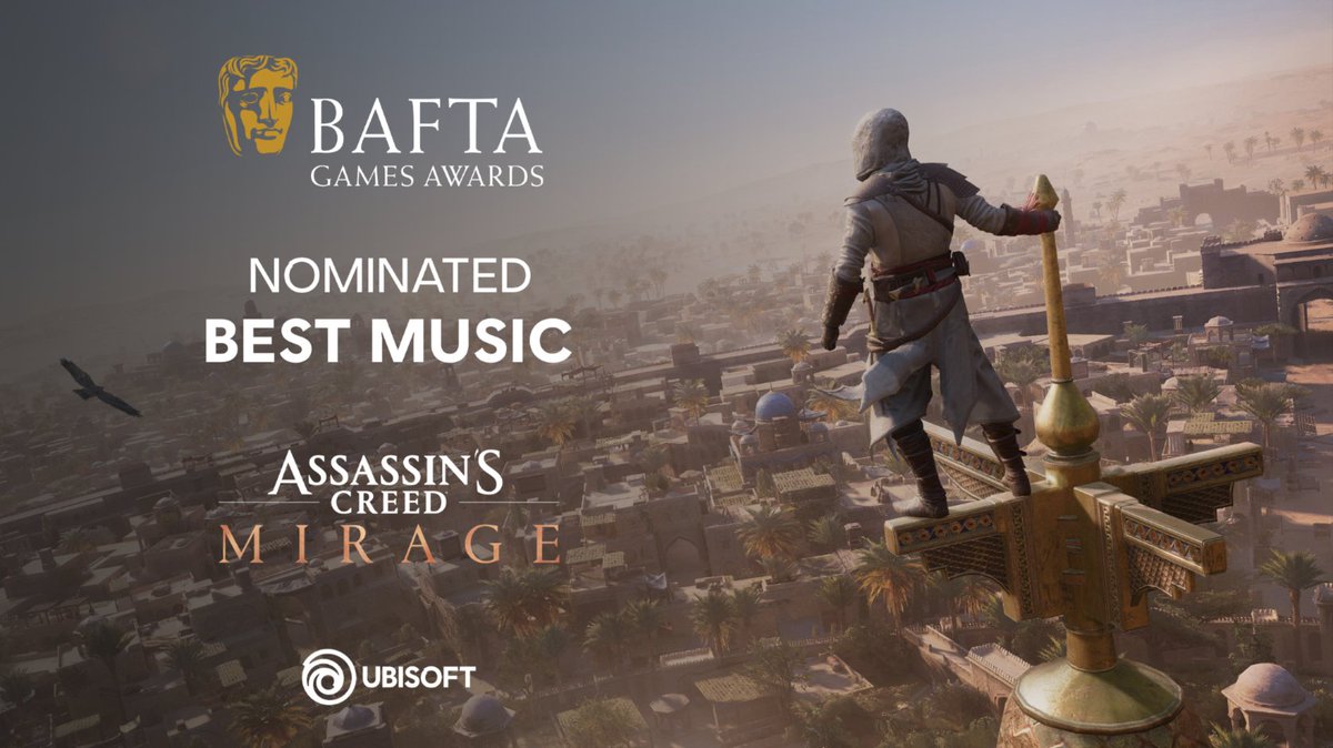 We're thrilled to announce that Assassin's Creed Mirage has been nominated at the 2024 BAFTA Games Award in the Music category! 🎮✨ Tune-in for the results on YouTube, Twitch, and X on Thursday, April 11, at 2 PM EST! #AssassinsCreed #BAFTAGamesAward