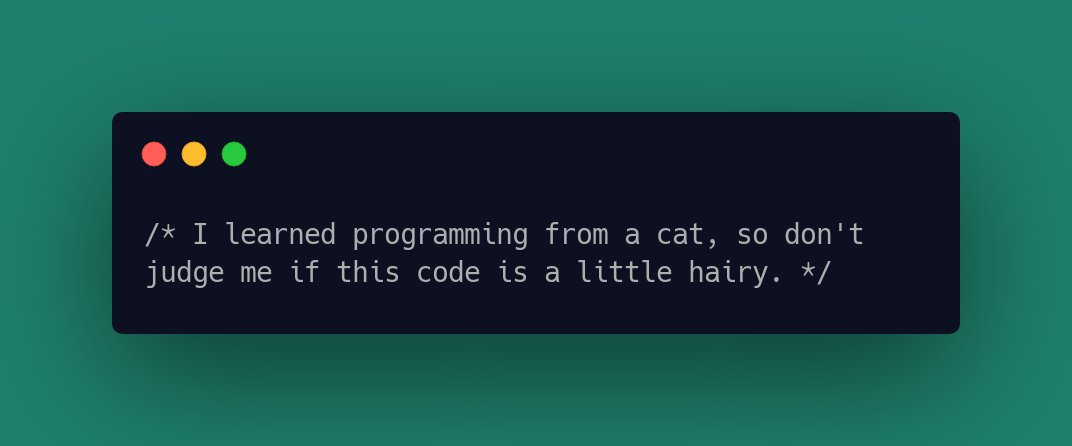 CodeLaughs's tweet image. /* I learned programming from a cat, so don't judge me if this code is a little hairy. */ #CodeFunny #LaughAtCode
