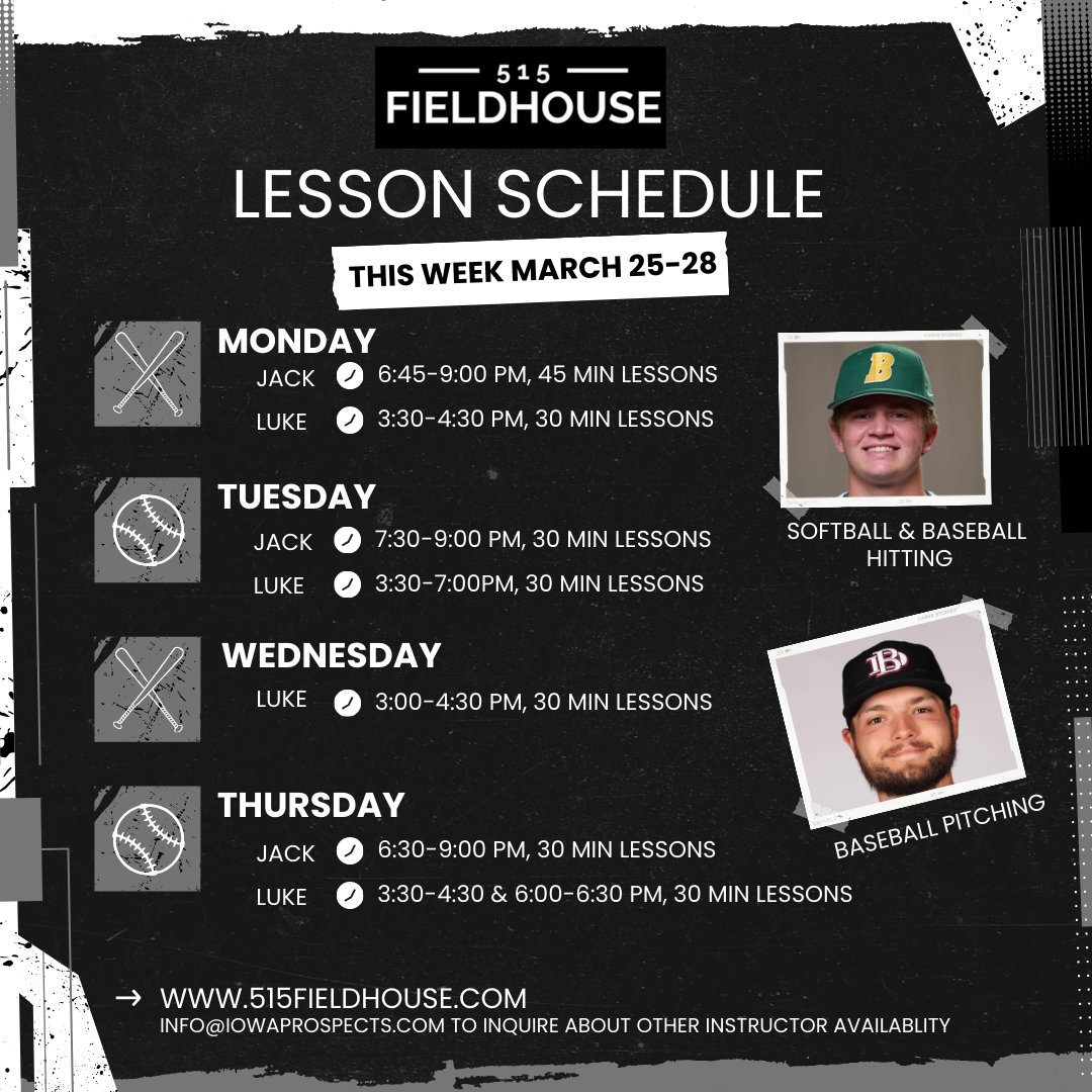 Are you looking to book baseball or softball lessons this week at 515 Fieldhouse? Check out our lesson availability: ow.ly/FH2F50R01BV  

Don't see the instructor you want to book with? Email info@iowaprospects.com to set up a lesson with one of our instructors.