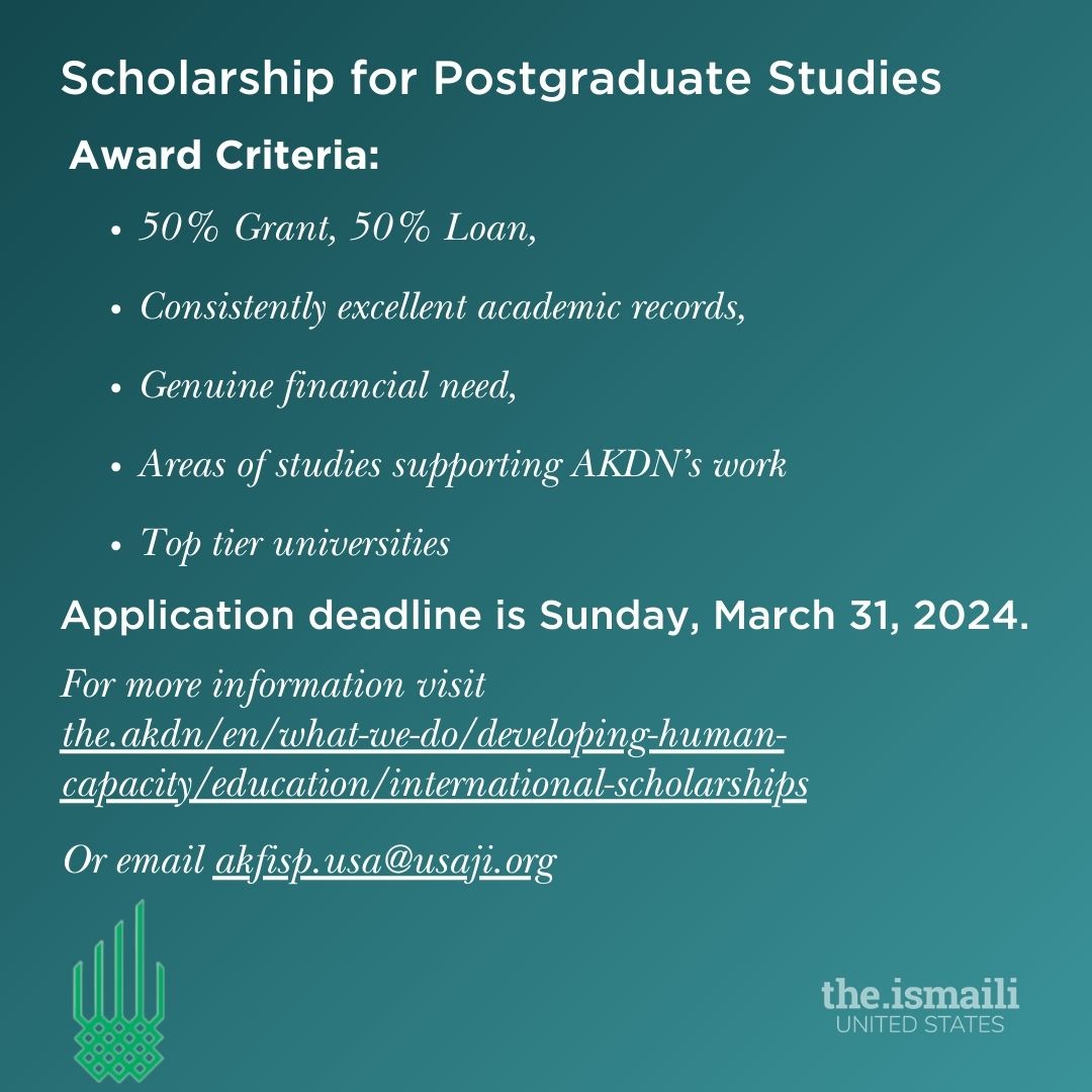 Deadline approaching to apply for the AKF International Scholarship Programme for students applying to postgraduate programs. Scholarships awarded as 50% grants & 50% loans. Email akfisp.usa@usaji.org for more information. Application deadline: March 31 the.akdn/en/what-we-do/…