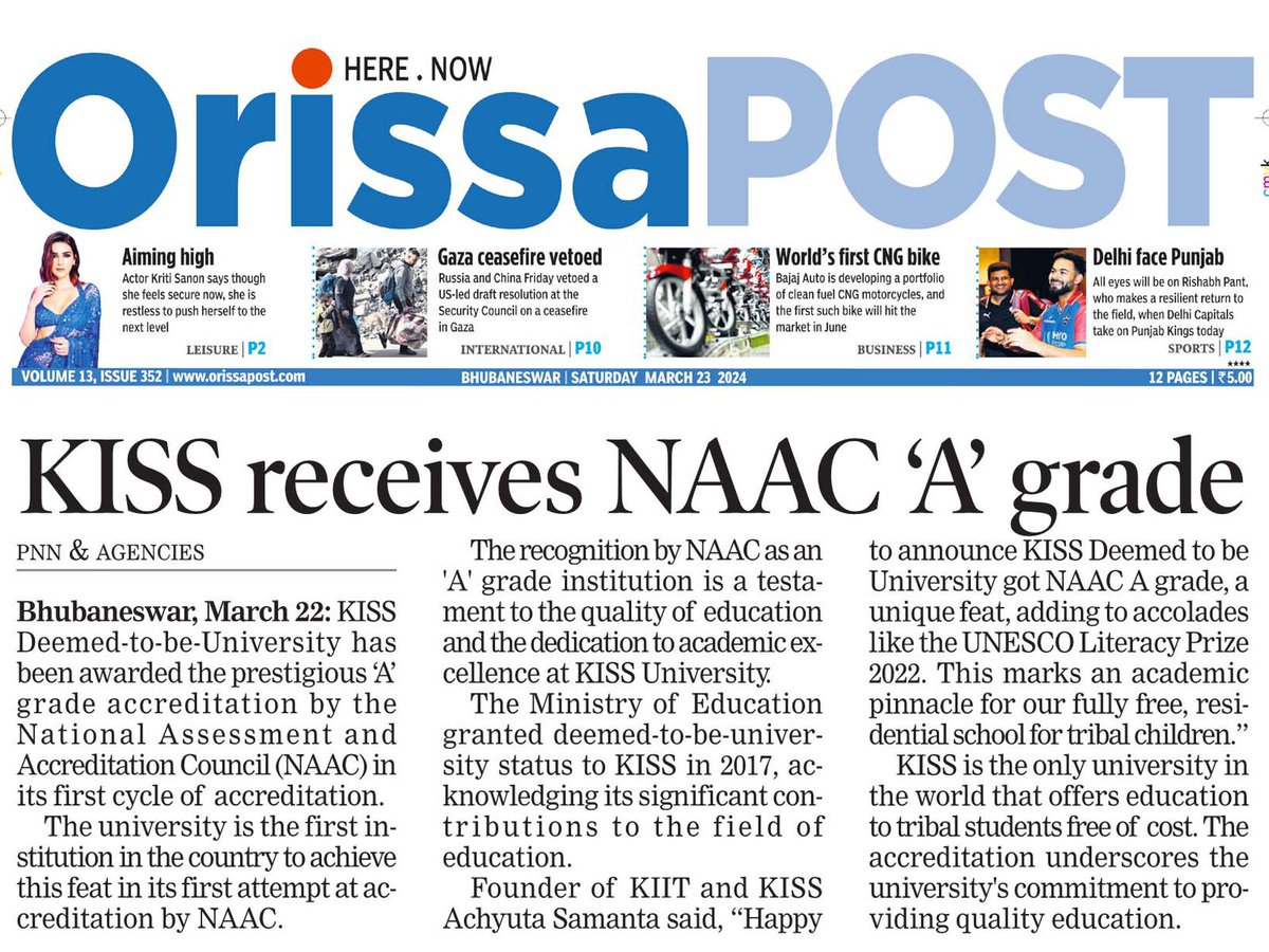 KISS University Granted 'A' Grade Accreditation by NAAC in First Cycle
#KISSDeemedtobeUniversity #KISSUniversity #Granted #prestigious #A_Grade #Accreditation #NAAC #FirstCycle #DrAchyutaSamanta #Founder #KIITKISS