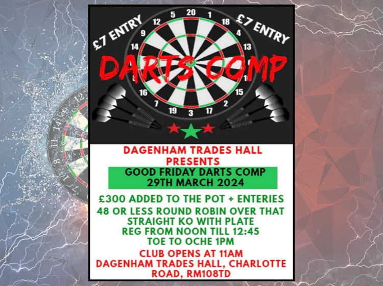 Plenty of darts competitions coming up over the Easter period!

March 29th - Dagenham Good Friday Open.

More details here: findadartscomp.co.uk/listing/dagenh…