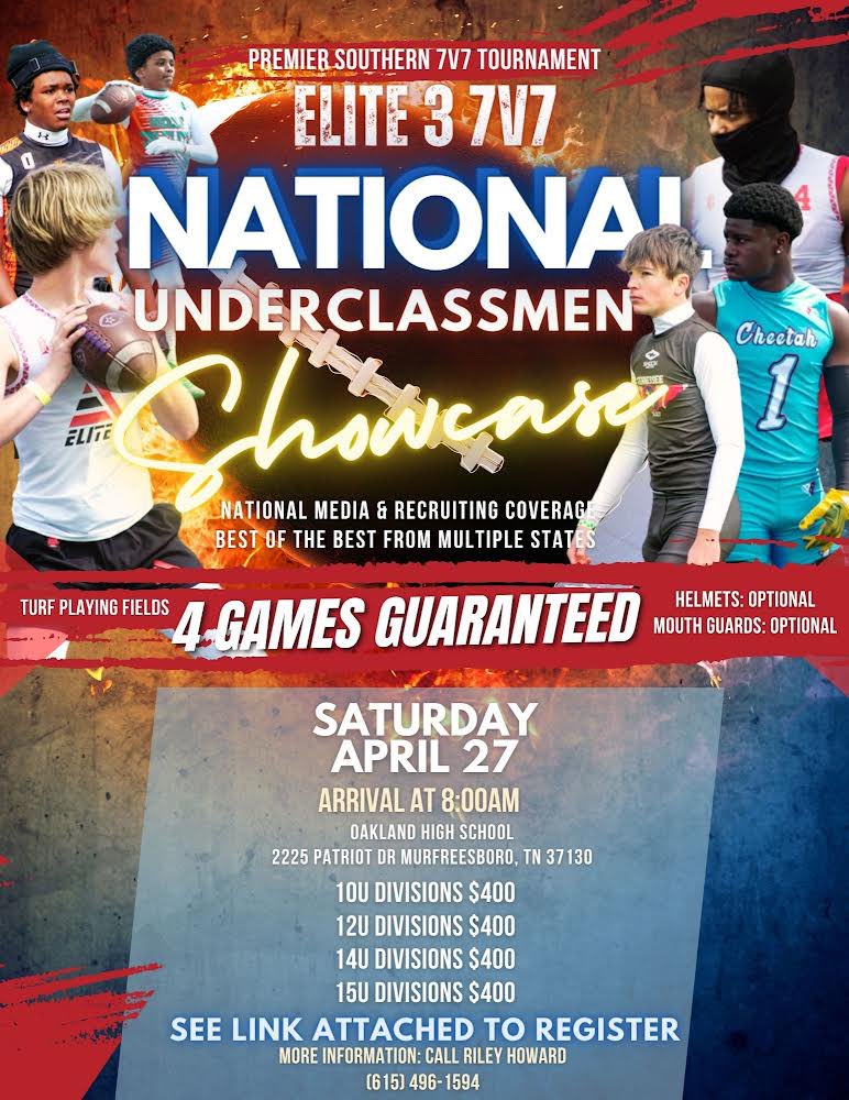 Elite 3 7v7 National Underclassmen Showcase 💎🥇💎 📍| NASHVILLE AREA OAKLAND HIGH SCHOOL 2225 PATRIOT DR MURFREESBORO, TN 37130 🗓️Saturday APRIL 27TH 10U•12U•14U•15U REGISTER: form.jotform.com/240824782752159 #7v7 #7on7 #Elite37v7Showcase #NationalShowcase