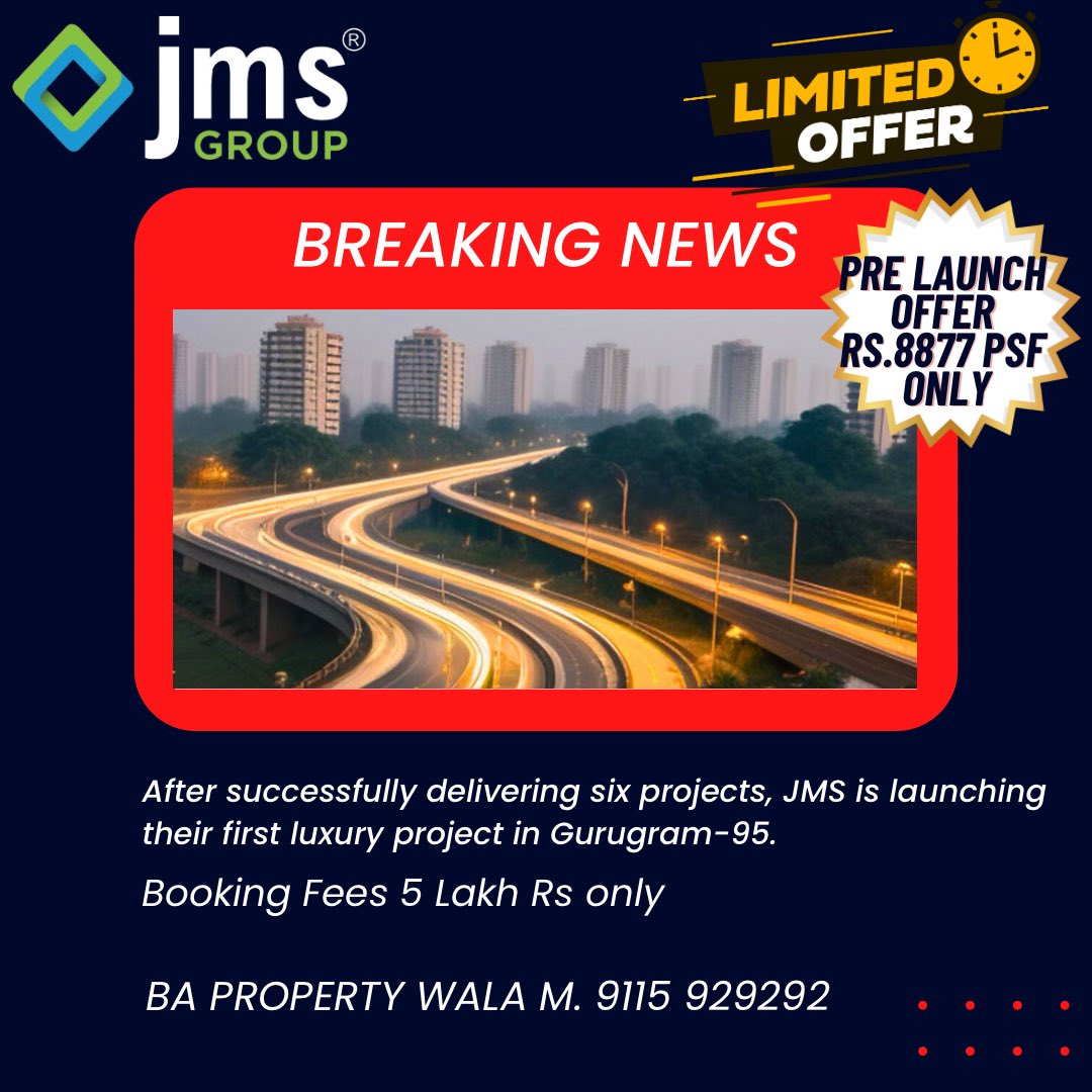 🌟 Welcome to JMS THE NATION HIRES, where luxury meets convenience! 🌟 🏙 Location: Sector 95, Gurugram 🚀 Just 10 Mins. away from the Airport 🌳 Sprawling over 5 Acres of Land 🏗 Launching 2 Towers in Phase - 1 🏢 Tower Height: G+29 🏠 Offering 250+ Apartments 🔄 Four…