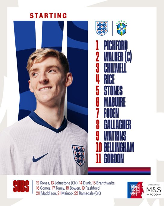 England XI to face Brazil: 1. Pickford, 2. Walker (captain), 3. Chilwell, 4. Rice, 5. Stones, 6. Maguire, 7. Foden, 8. Gallagher, 9. Watkins, 10. Bellingham, 11. Gordon. 