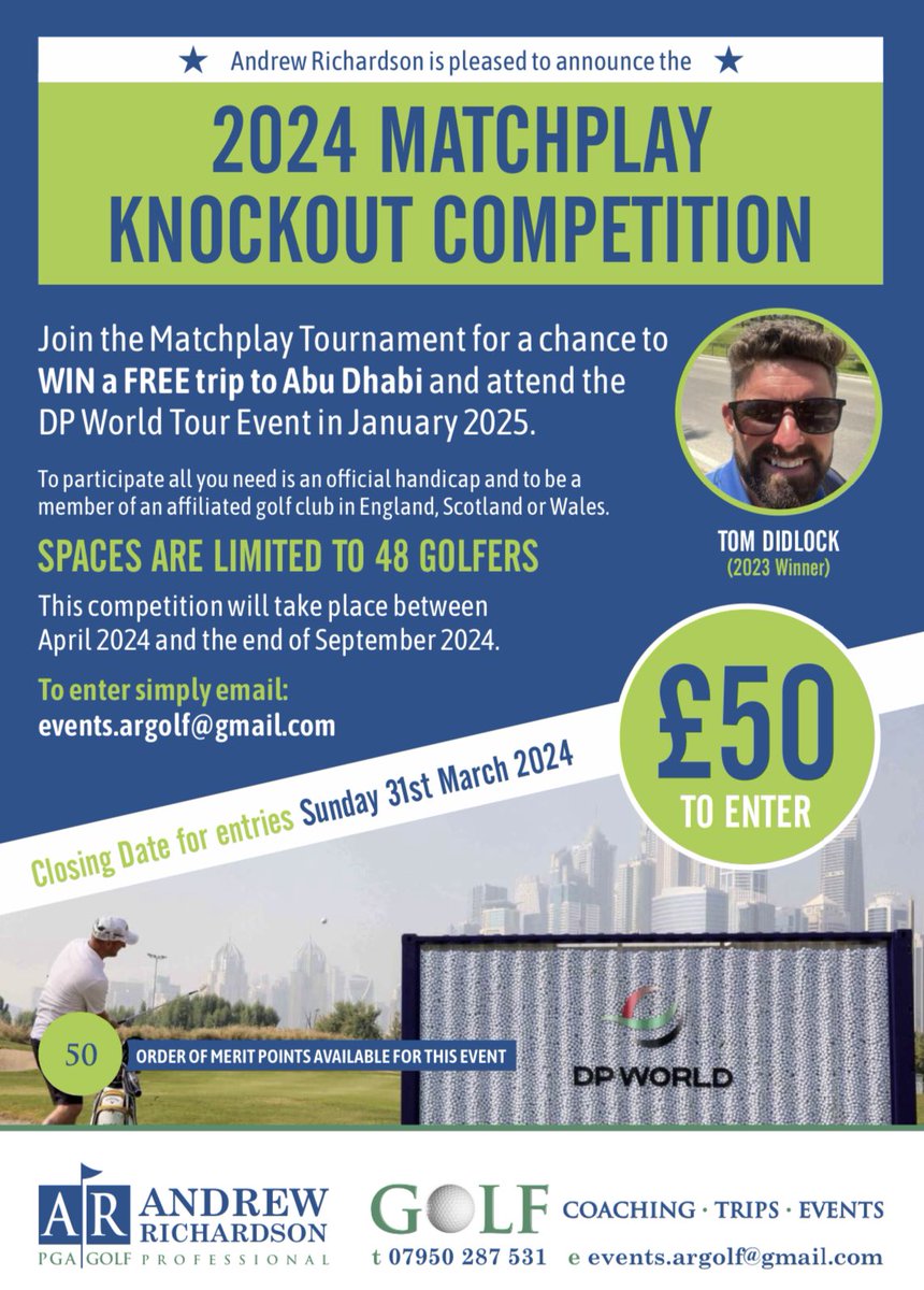 Enter the best Matchplay Competition in the NW!

1 in 48 chance of a trip to the UAE

Live draw each round, new friendships formed, camaraderie with new courses played along the way. 

Contact direct to enter

Ask <a href="/Tomdidlock84/">Tom Didlock</a> about his WIN in 2023!

<a href="/TomHarrisonLaw/">Thomas Harrison</a> <a href="/R4ND3R5_16/">Ryan Anderson</a>