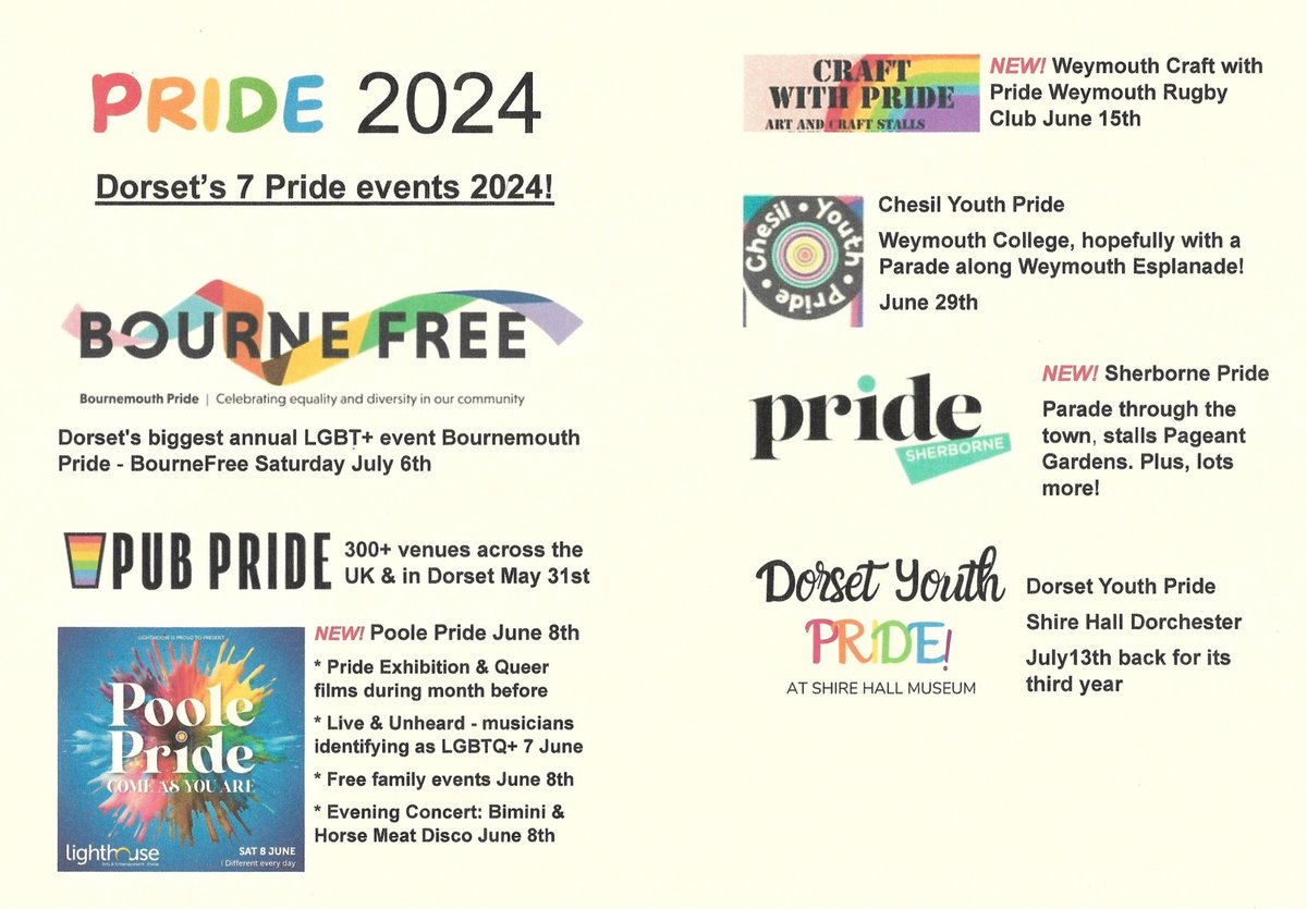 Wow! The SEVEN #Dorset Prides of 2024! More info on #Weymouth #Gay Group website #Pride page - weymouthgaygroup.weebly.com/pride-events.h… #LGBT #LGBTQIA #LGBTQ #Lesbian #Bisexual #Transgender #Bournemouth #Poole #Sherborne #Dorchester #Weymouth #Bridport #Swanage #Yeovil