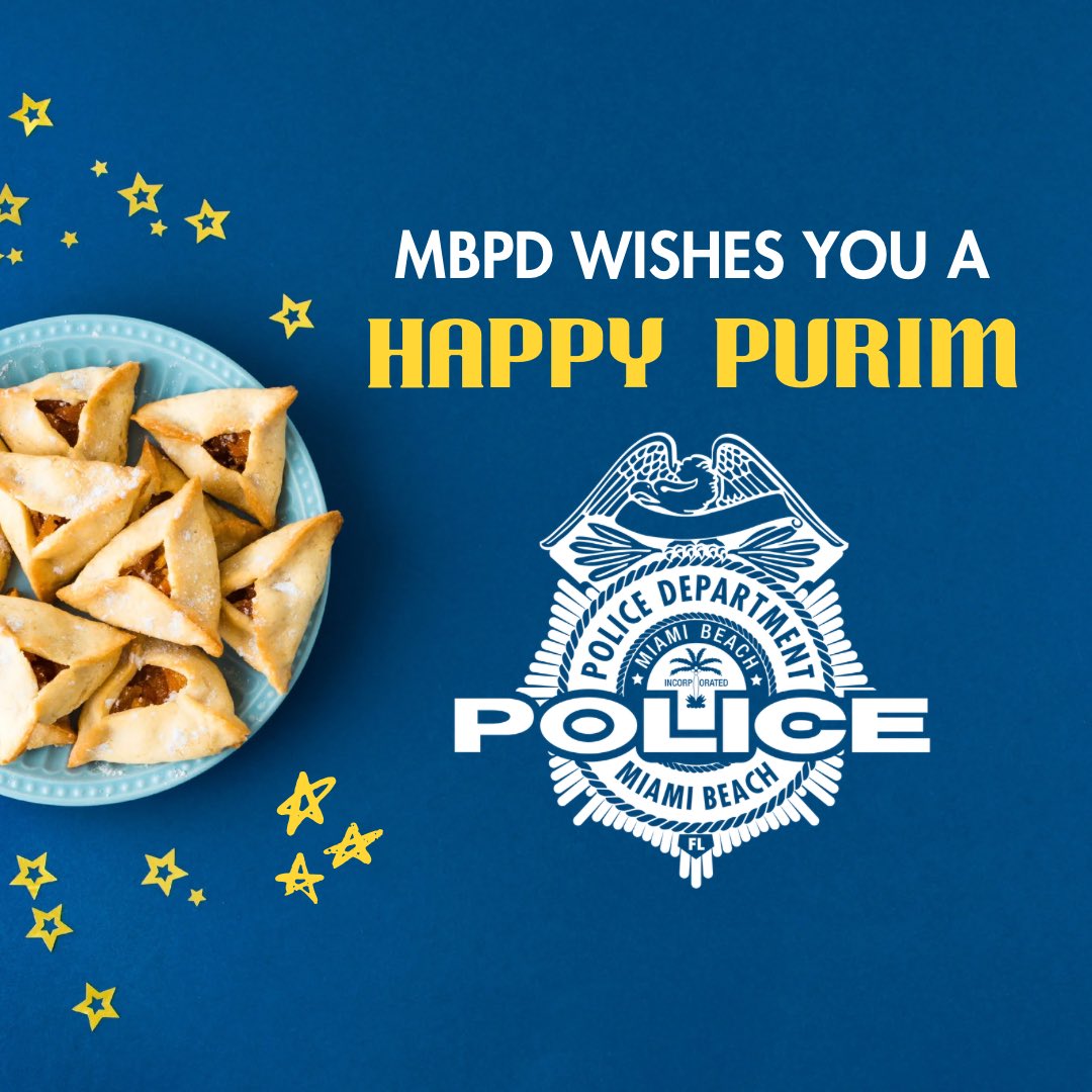 On behalf of Chief Wayne A. Jones, #yourMBPD would like to wish all who celebrate a Happy Purim! 🎭 May your day be filled with joy, laughter, and lots of delicious hamantaschen! Wishing everyone a safe and festive celebration! #ChagPurimSameach