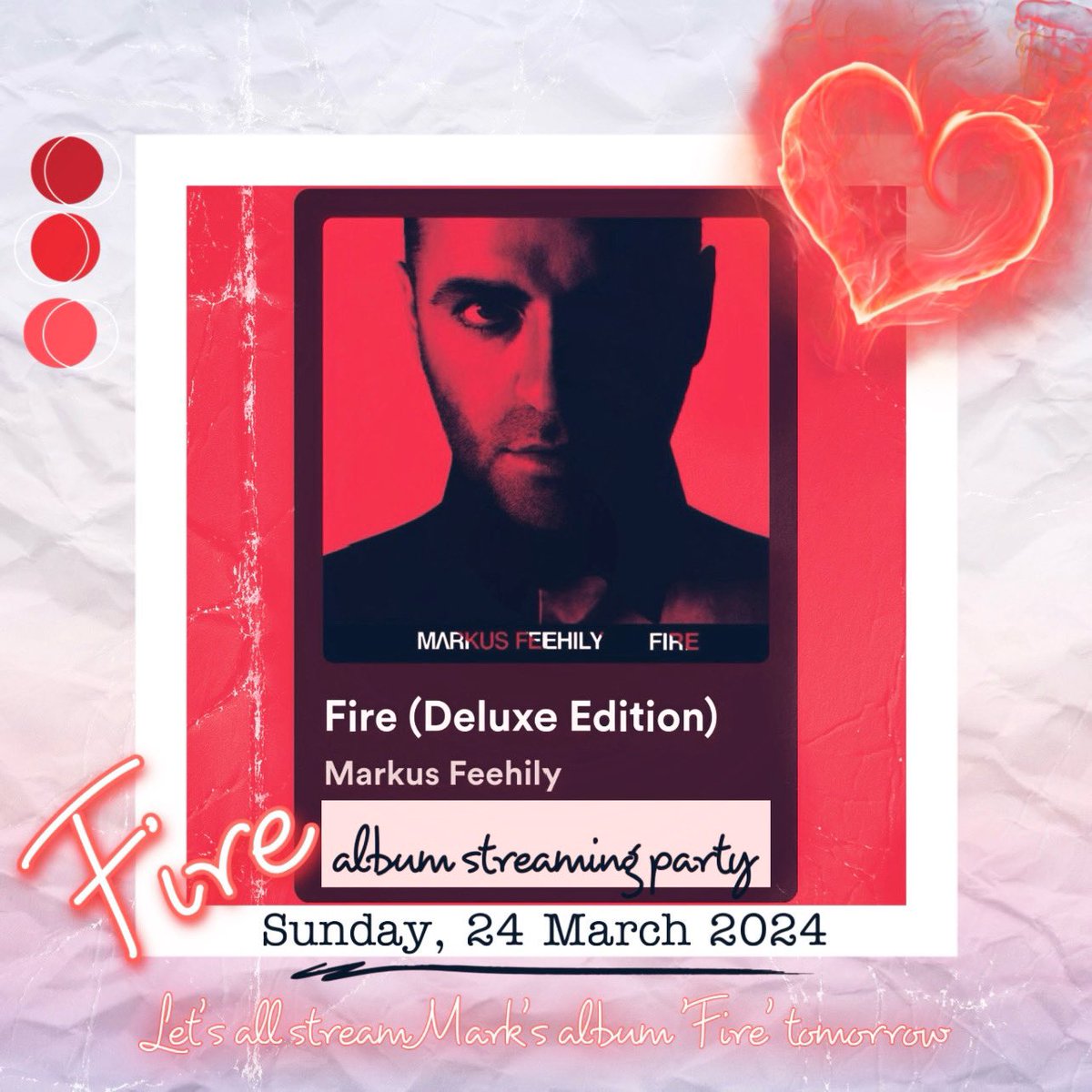 🔥@/westlifersindonesia on Instagram had a brilliant idea!💡 Let’s all join @MarkusFeehily’s ‘Fire’ album streaming party tomorrow, Sunday🔥😊♥️🎵 Stream his album whenever you can tomorrow and show him all your love and support✨ We love you more than words can say Marky!🫶
