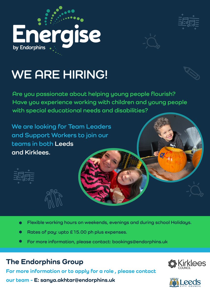 WE ARE HIRING IN LEEDS AND KIRKLEES📢 

If you’re passionate about helping young people with SEND and have experience helping them to flourish then we’d love to hear from you about joining our team.

To find out more please contact our area lead: 
sanya.akhtar@endorphins.uk
