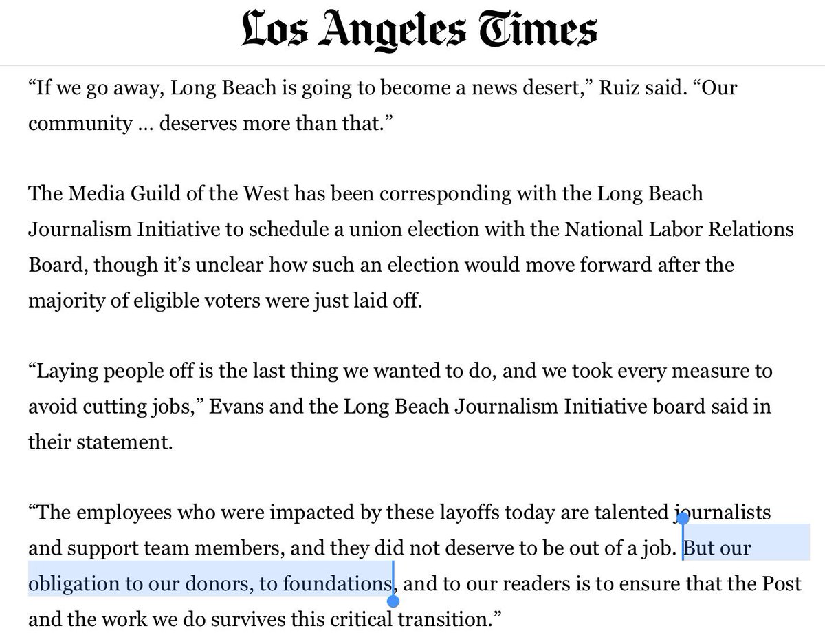 Also flagging that @MelissaEvansLBP laid off the entire @LBBizJourn staff during our print production week, leaving tens of thousands of dollars in advertising on the line. If she was concerned about money or our donors, this move didn’t add up. @LBMGuild