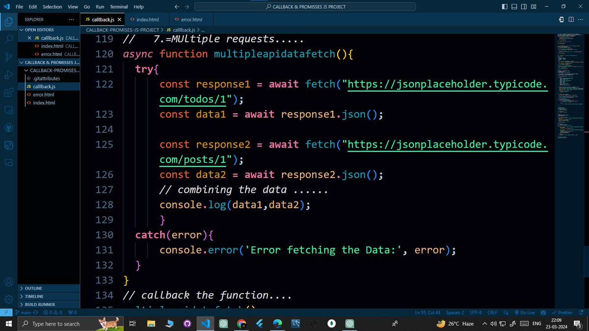 thakurdau2022's tweet image. "JavaScript Developer | Code Enthusiast | Tech Innovator | #CodingWizard #TechEnthusiast"
Today ,I have learned about Error Handling ,Callback &Promises ,Multiple API data fetching .
I hope this will help you .
Feel free to ask.
#JavaScriptDeveloper #CodePassion #TechInnovator
