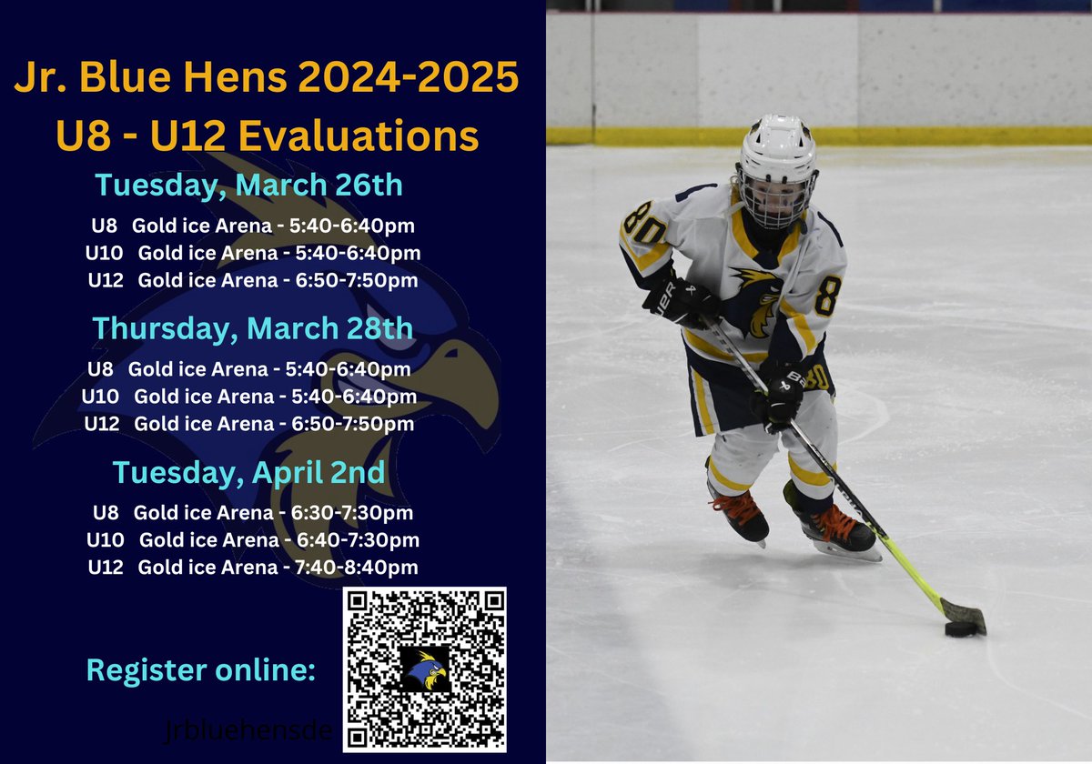 Evaluations start March 26th 5:40pm for U8 and U10, 6:50p for U12!
Season details here: jrbluehens.org/seasoninfo
#jrbluehens #delaware #hockey