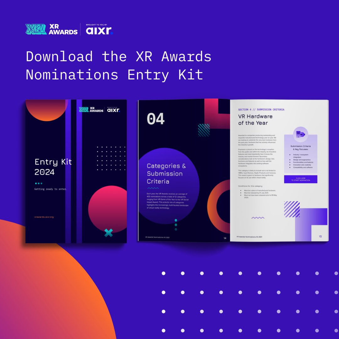 Download the XR Awards 2024 entry kit and ensure your XR creation gets the recognition it deserves. Start preparing in advance, entries will open very soon! ➡️ xrawards.aixr.org/nominate/entry…