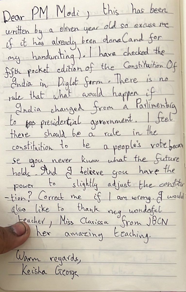 anamikag's tweet image. Written by my daughter (read from start) @narendramodi @PMOIndia 
#trending #youngmind #CONSTITUTION #government #goi #elevenyo #socialstudies #politics #NarendraModi #democracy #election2024 #pm #election #Parliament #presidential #amendment