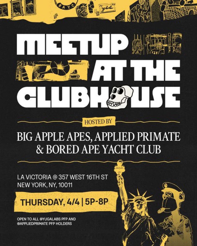 🗽🍎 MEETUP @ THE CLUBHOUSE 🍎🗽 🦍 BORED IN NYC 🦍 📆 Thursday, April 4th 5-8 PM @ La Victoria Use the Tokenproof link below to get your ticket Don’t forget to always use delegated wallet & do not click links in comments! See you degens there! 🚕💨 tokenproof.xyz/event/meetup-a…