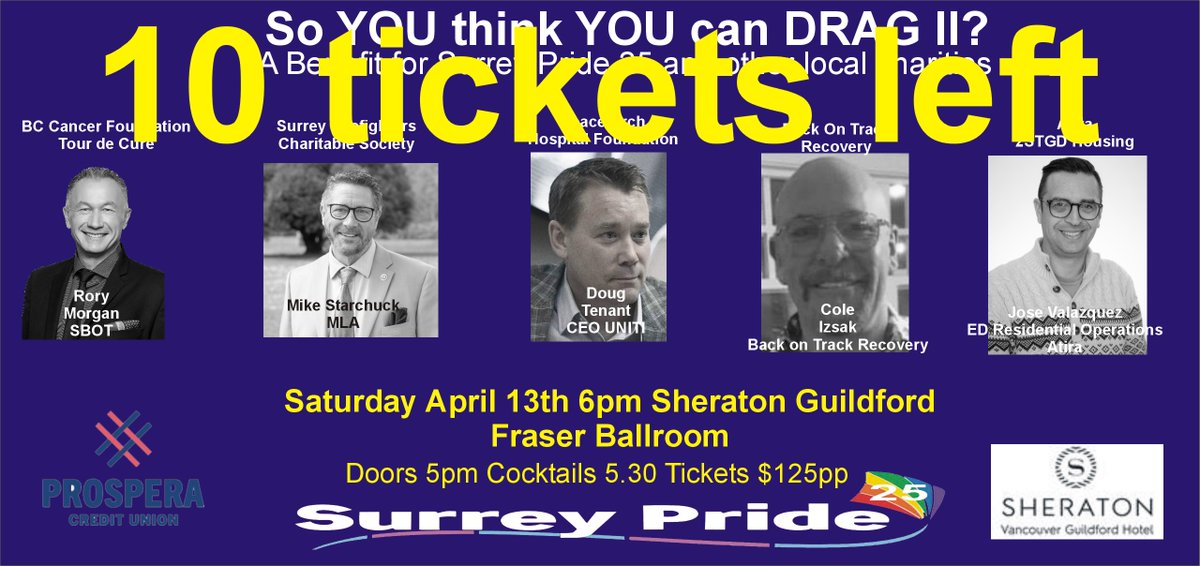 We are putting together a playbill size program book for So YOU think YOU can DRAG? II ... Interested? 
Email president@surreypride.ca. deadline is April 1. 
A great opportunity to support the Rainbow community and advertise your upcoming event or business....
