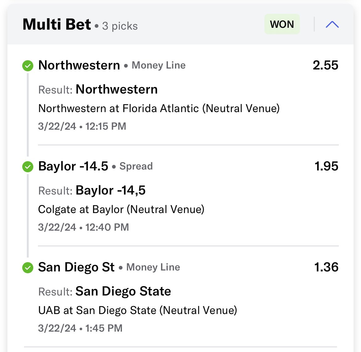 BetsWtb's tweet photo. Not a bad start to 🫡#MarchMadness2024 https://t.co/4QDPTqxo53