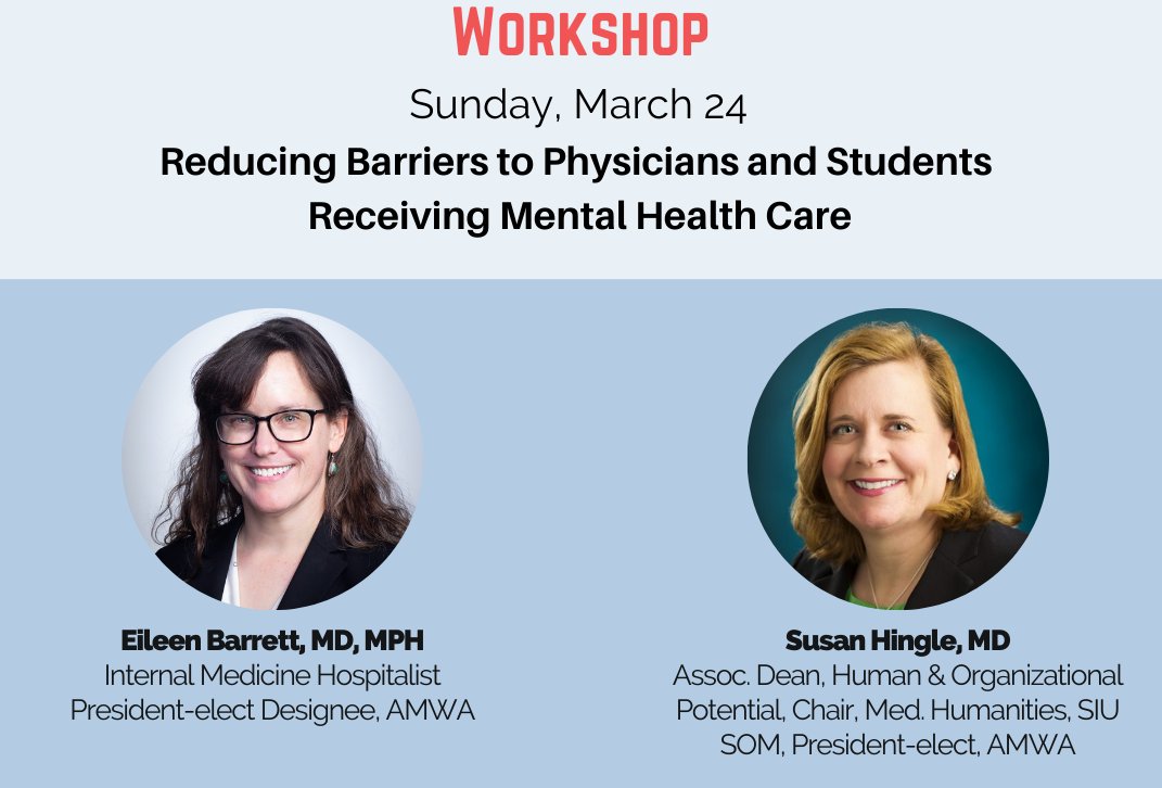 Interested in reducing barriers to physicians and medical students seeking mental health care? Join this interactive workshop on Sunday at 1:15 pm to gain practical strategies to guide you in being a change agent for this important topic. bit.ly/amwa109 #mentalhealth