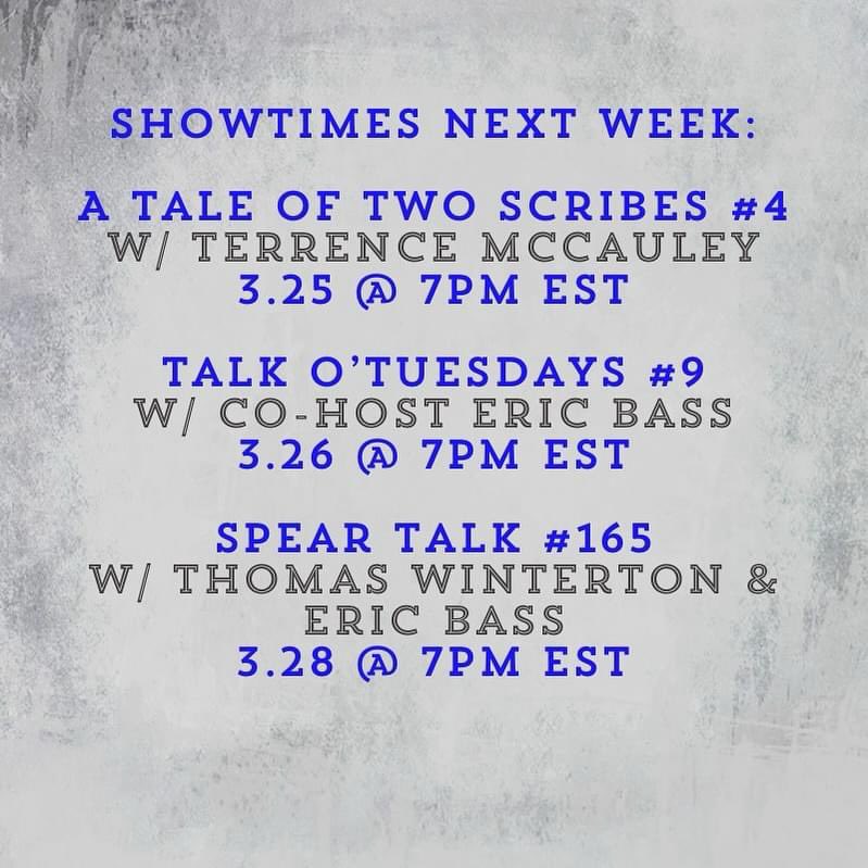 Another big week on the @SpearTalk #podcast network

@2ScribesPodcast kicks it off Monday with @tmccauley_nyc 

On Tuesday @SilverSpear44 & #EricBass of @Shinedown try & break the Internet or get canceled 😳

Finally, Thursday John chats with Thomas Winterton & EBass (again)