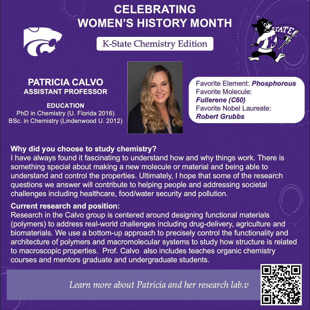 This week we are introducing our faculty & staff #WomenInChemistry We start with Prof. Patricia Calvo @CalvoLab_KSU