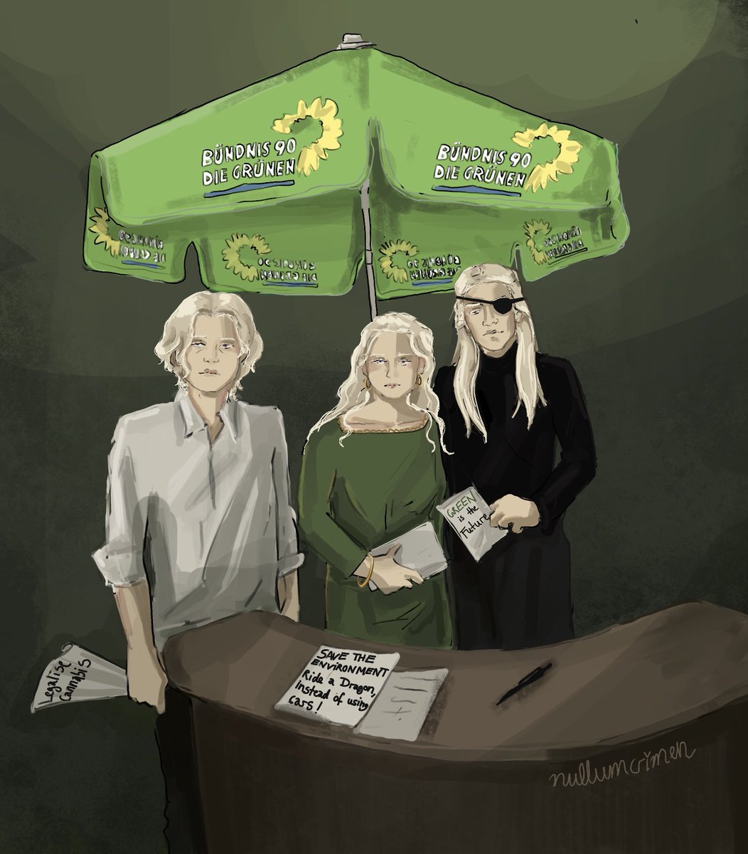 me after watching hotd in german:
Save the environment, ride a dragon! 
('die Grünen' translates into 'the greens', but is also a political party in germany so I had to giggle at times)
#HouseOfTheDragon #AegonIITargaryen #helenatargaryen #AemondTargaryen #thegreens #DieGruenen
