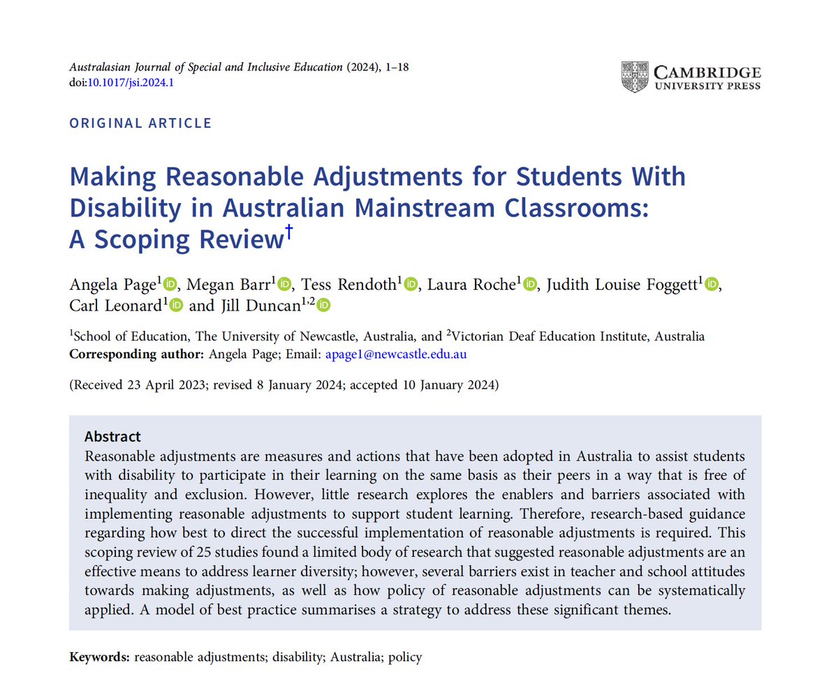 Making Reasonable Adjustments for Students With Disability in Australian Mainstream Classrooms. #OpenAccess #DisabilityMatters bit.ly/3TxYy8M