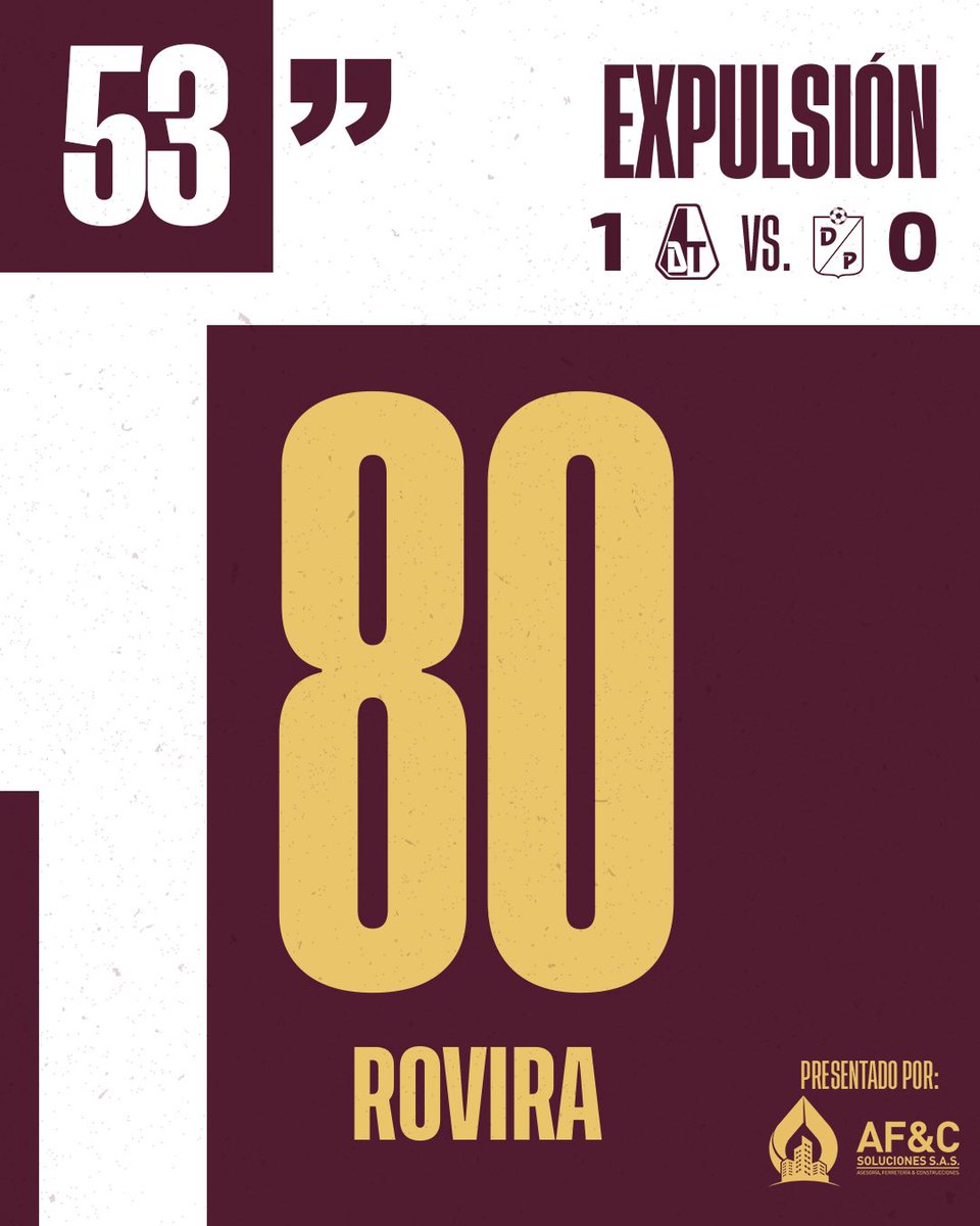 cdtolima's tweet photo. 53’ ⏱️ Tarjeta roja para Bryan Rovira.

| Deportes Tolima 1-0 Deportivo Pereira | https://t.co/giCBFDbByz
