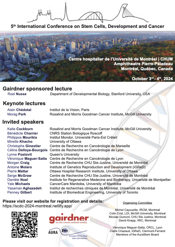 Mark your calendar for this fantastic meeting coming up next fall in Montreal! Outstanding list of speakers and exciting topics at the frontier of stem cells, development and cancer. More details about registration and abstract submission coming soon. Supported by @GairdnerAwards