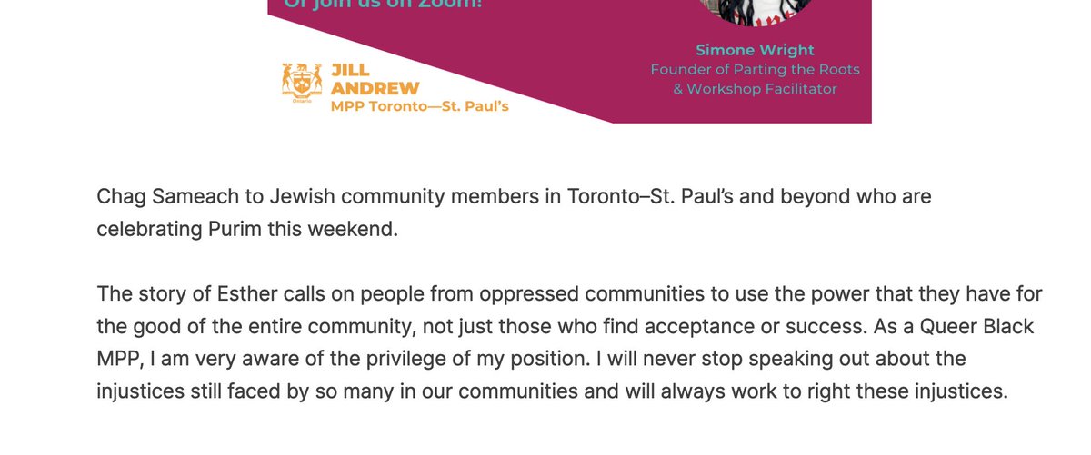 Another example of @NDP Jew-erasure: a ridiculous & offensive 'purim message' from this MPP. Purim is a JEWISH holiday about JEWS' survival in the face of antisemitism. Imagine telling another community what THEIR holiday is about, and then centring yourself in the message.