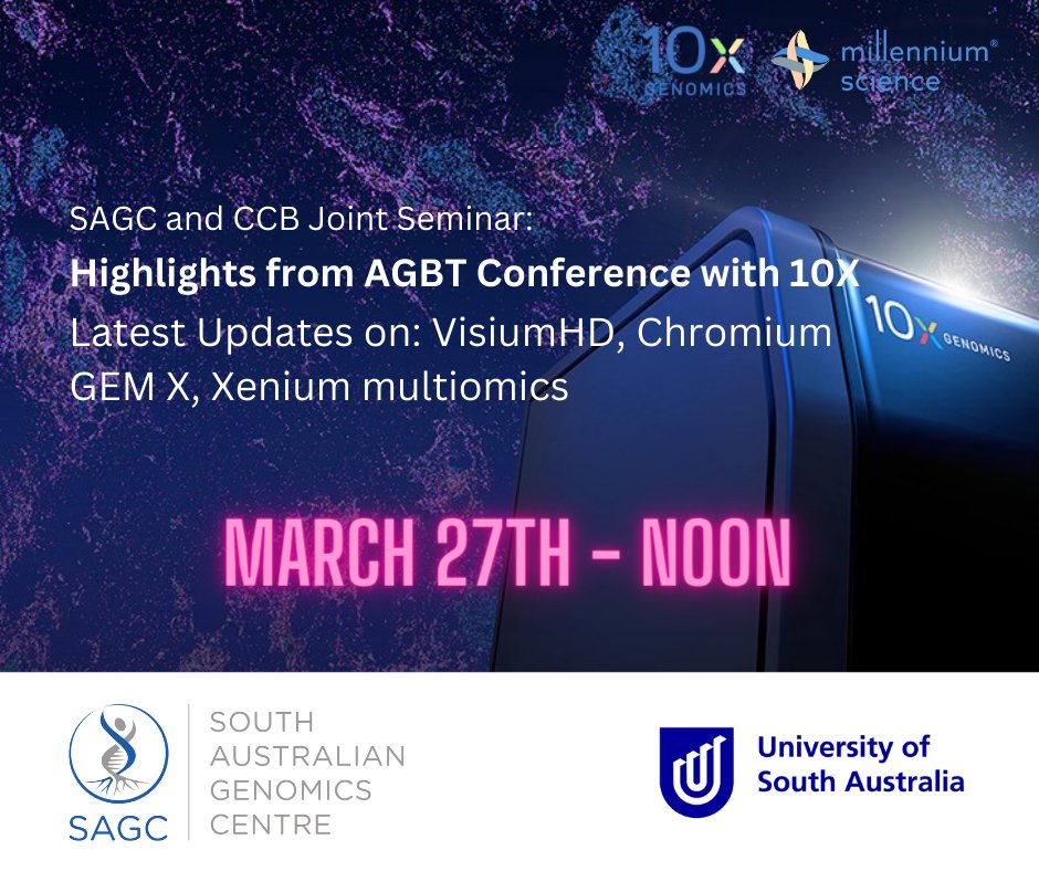 SA Researchers! Don't miss our upcoming seminar with @CCB_Research to hear the latest in #singlecell and #SpatialOmics from 10X Genomics, including: #VisiumHD, Xenium #insitu and #Chromium GEM X. The 10X team will be in Adelaide to answer your questions. rb.gy/crh5dr