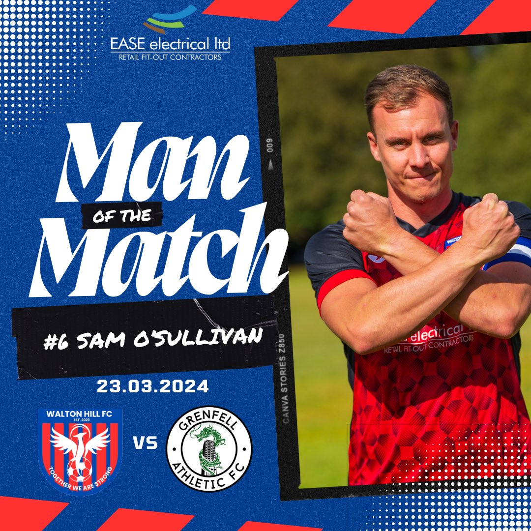 Waltonhillfc's tweet photo. Todays man of the match, our Skipper Sam O’Sullivan! Sam’s leadership was exemplary, marshalling our back four with a masterclass in defensive prowess. His presence &amp; drive were instrumental in securing our victory today. Well done Skip you truly led from the front #manofthematch https://t.co/0RLdpGo1Qw