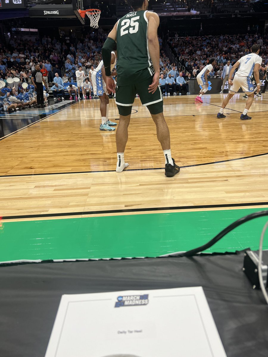 Hall is playing shoeless right now. UNC leads 37-31.