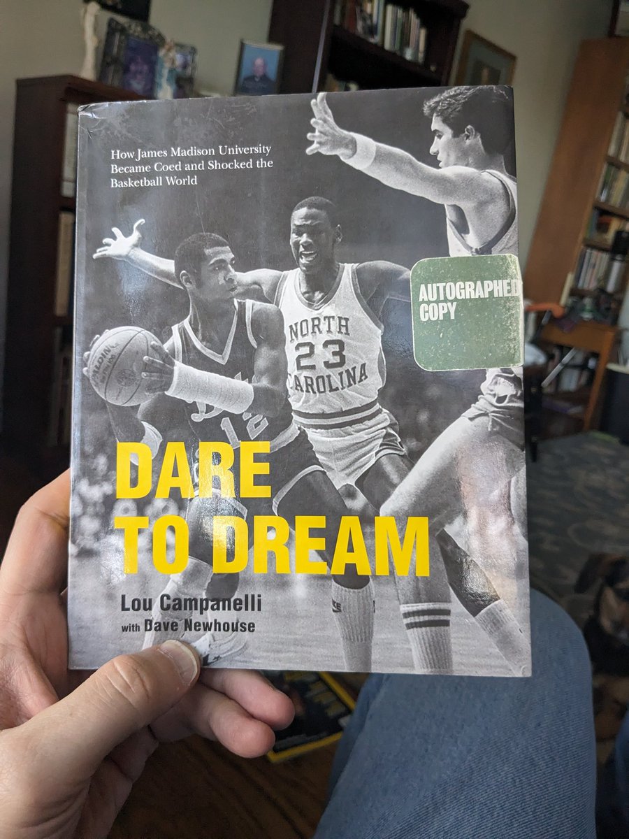 Reading this book today, about the great Lou Campanelli and his early '80s JMU Dukes, who got to the 2nd round of the Big Dance three straight years, in one of which they barely lost to Michael Jordan's eventual National Champion UNC Tar Heels.  Perfect time for it.   #GoDUKES