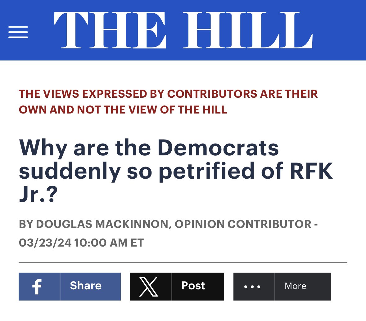 Holden_Culotta's tweet image. The Hill opinion: Democrats fear that RFK’s movement is “taking root far off the radar screens of a mainstream media that refuses to cover him” 🔥

“Kennedy [has] engaged in a powerful ‘get out the message’ guerrilla warfare media campaign by appearing on many of the most popular…