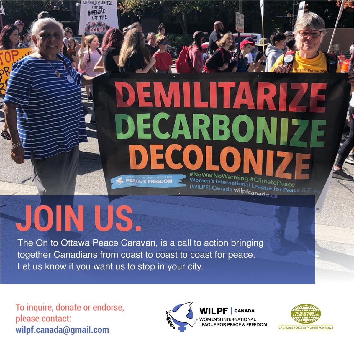 Join our “On to Ottawa Peace Caravan” this May 2024! We are calling for #demilitarization, #decarbonization & #decolonization. We will protest CANSEC, the largest arms fair in North America. For more information, visit wilpfcanada.ca #OnToOttawa #PeaceCaravan