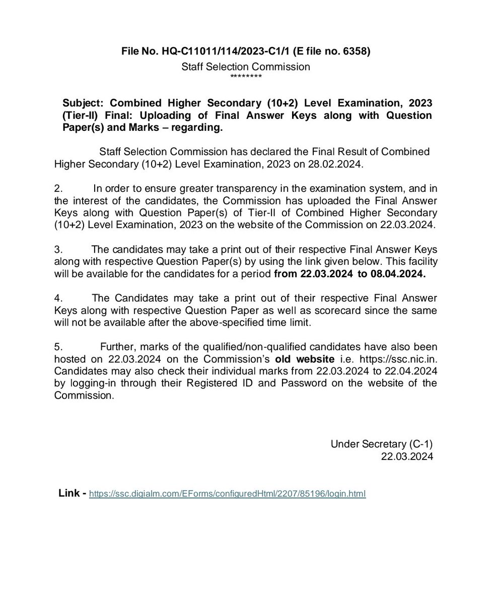 Combined Higher Secondary (10+2) Level Examination, 2023 (Tier-II) Final: Uploading of Final Answer Keys along with Question Paper(s) and Marks