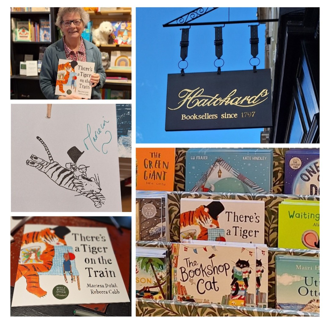 Thank you for the warm welcome today @Hatchards Piccadilly & St Pancras. I loved visiting & signing copies of There's a Tiger on the Train by me and illus. by @rebecca_cobb. I met such lovely booksellers too - Jane (in photo at Picc) & Megan (at StP)! 🐯💖! @faberchildrens