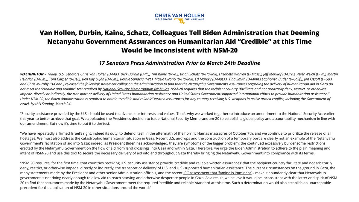 The Netanyahu govt continues to arbitrarily restrict the flow of aid to 2.2 million desperate people in Gaza.  That’s why 16 Senators & I told @POTUS that declaring its recent assurances to be 'credible' would be inconsistent w/ NEW US policy which requires facilitating aid⬇️