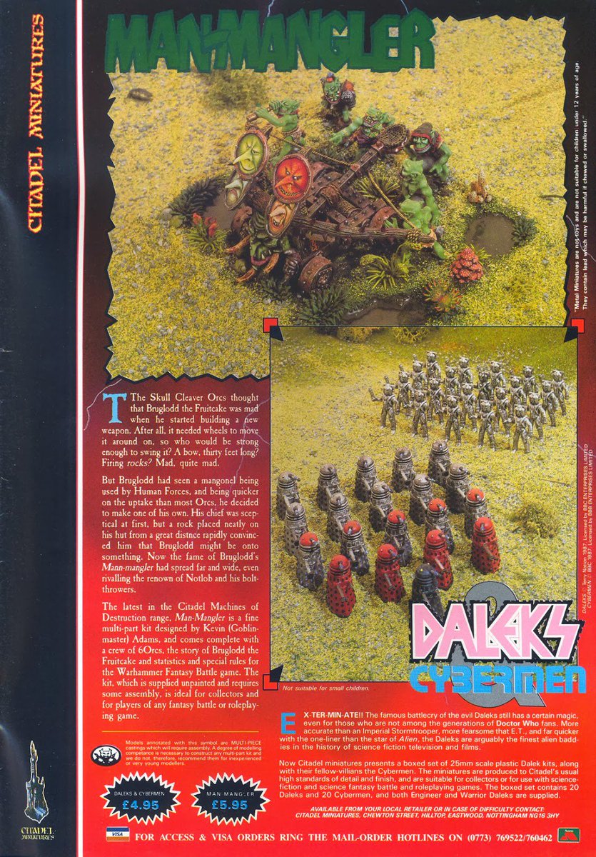 Daleks vs Cybermen vs Orcs! Citadel miniatures advert from White Dwarf issue 89, May 1987.