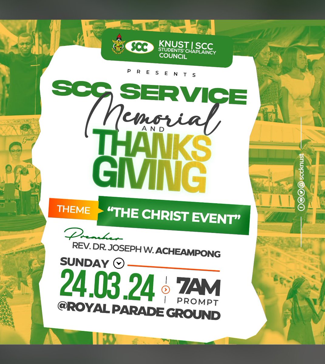 Last SCC service for this semester comes off tomorrow at the Royal Parade Grounds , at exactly 7:00am. Prepare for a power packed service 🔥. #TheHubMedia