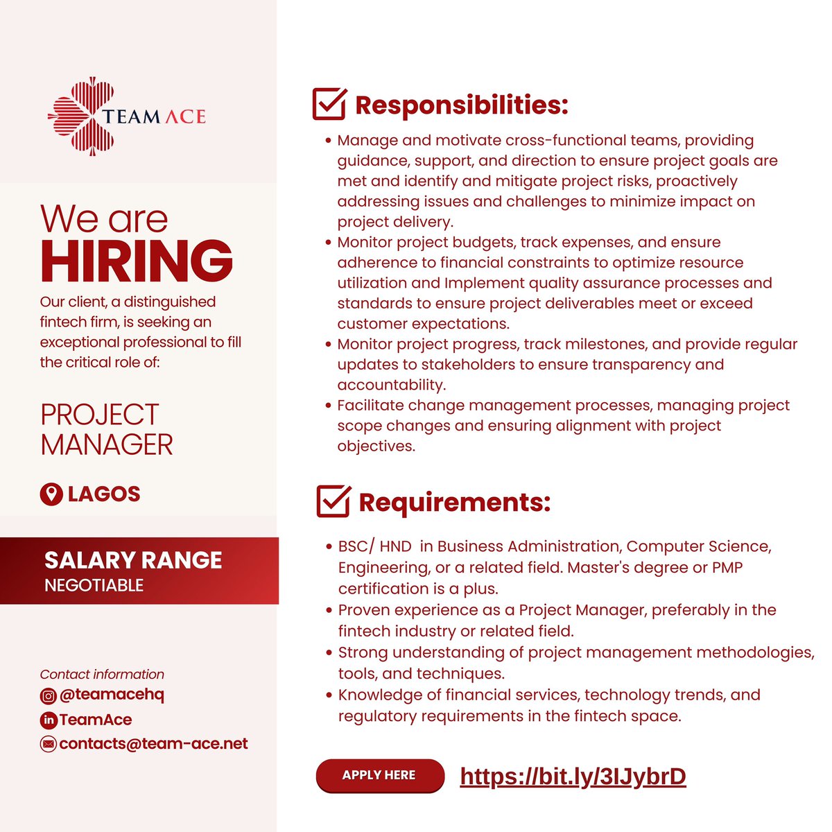 Job Opening!!!!

Qualified and Interested? Apply here👇
bit.ly/3IJybrD

#projectmanagerjobs #projectmanagement #jobopening #hiringnow #hiring #jobsinnigeria #recruiting #vacancy #teamace