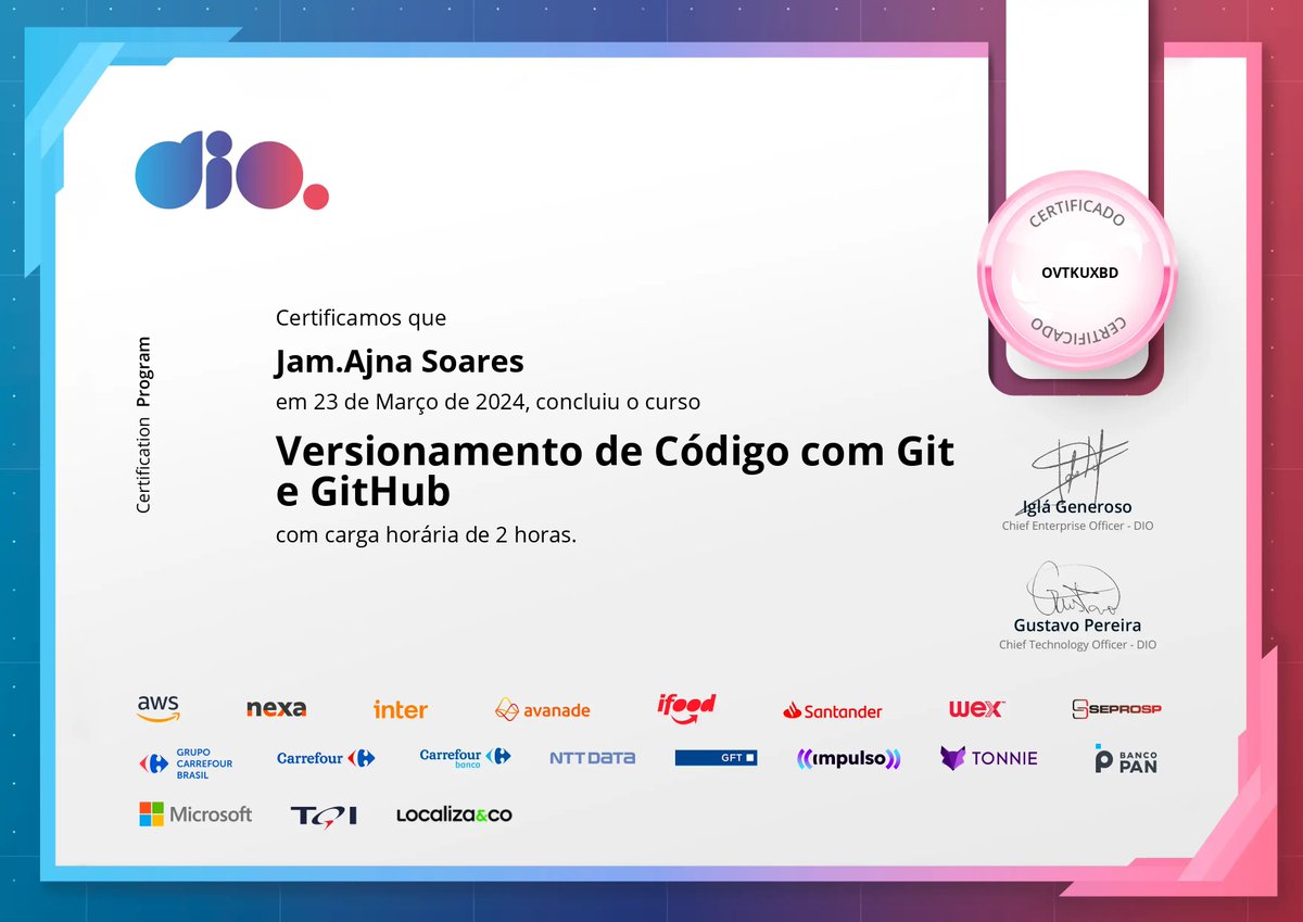 Jam_Ajna's tweet image. #Sabadou 📈
---

Gostaria de compartilhar que recebi uma nova #certificação: #Versionamento de #Código com #Git e #GitHub da empresa #DIO !