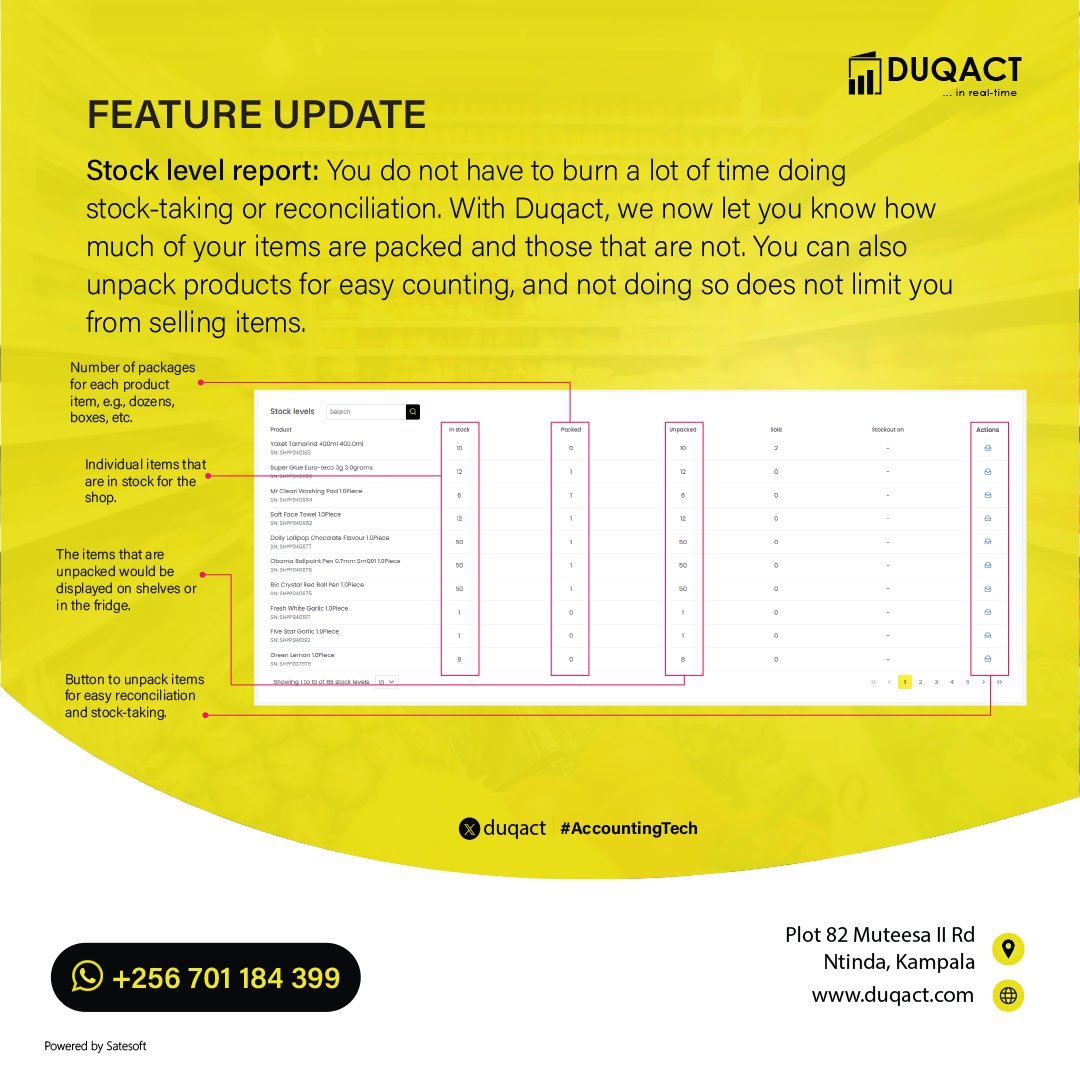 Duqact's stock level report feature allows you to see both packed and unpacked items. You can also unpack items using a button, which then allows you to do an easy count of what you have on the shelves. #AccountingTech