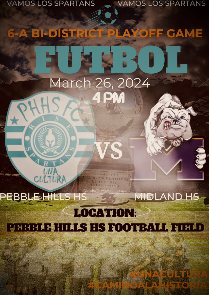 Pebble Hills HS Boys Futbol (@phhs_boysfutbol) on Twitter photo Join us for our first ever HOME playoff game in school history!
Lets show TEXAS what we are made of!
🏆Bi-District Championship
🏟️Pebble Hills HS
⏰4:00pm
🆚Midland HS
📅3/26/24
#CaminoAlaHistoria <a href="/MGarcia_PHHS/">Mario Garcia</a> <a href="/CLopez_PHHS/">Carlos Lopez Martinez</a> <a href="/Odiaz_MPMS/">Coach Diaz</a> Join us for our first ever HOME playoff game in school history!
Lets show TEXAS what we are made of!
🏆Bi-District Championship
🏟️Pebble Hills HS
⏰4:00pm
🆚Midland HS
📅3/26/24
#CaminoAlaHistoria <a href="/MGarcia_PHHS/">Mario Garcia</a> <a href="/CLopez_PHHS/">Carlos Lopez Martinez</a> <a href="/Odiaz_MPMS/">Coach Diaz</a>